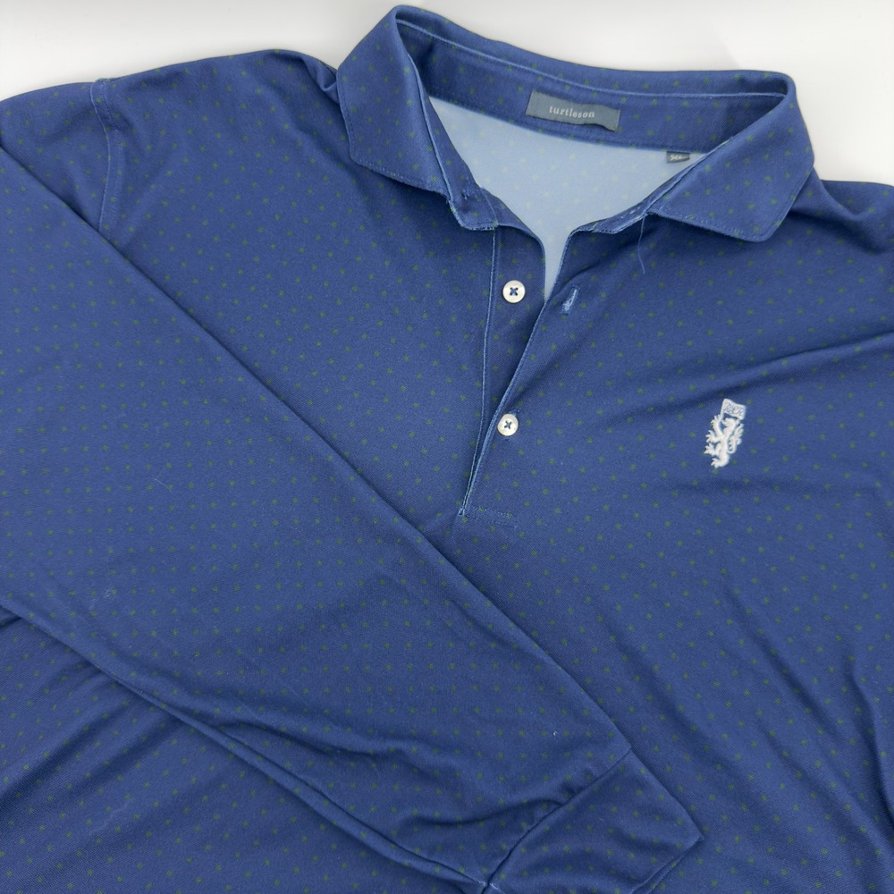 Turtleson Mens XL Performance Long Sleeve Polo Shirt Navy Blue Green Micro Dot
